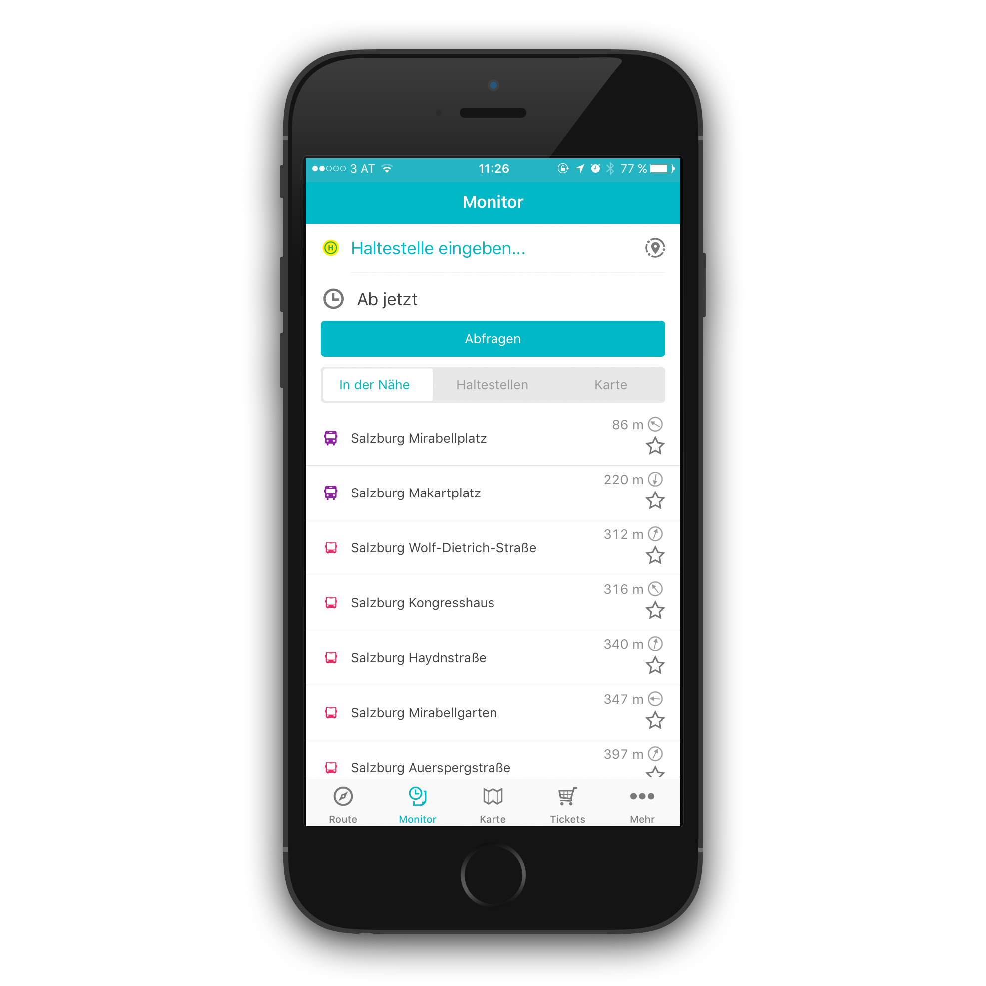 Screenshot Salzburg Verkehr App: Ansicht Haltestellenmonitor