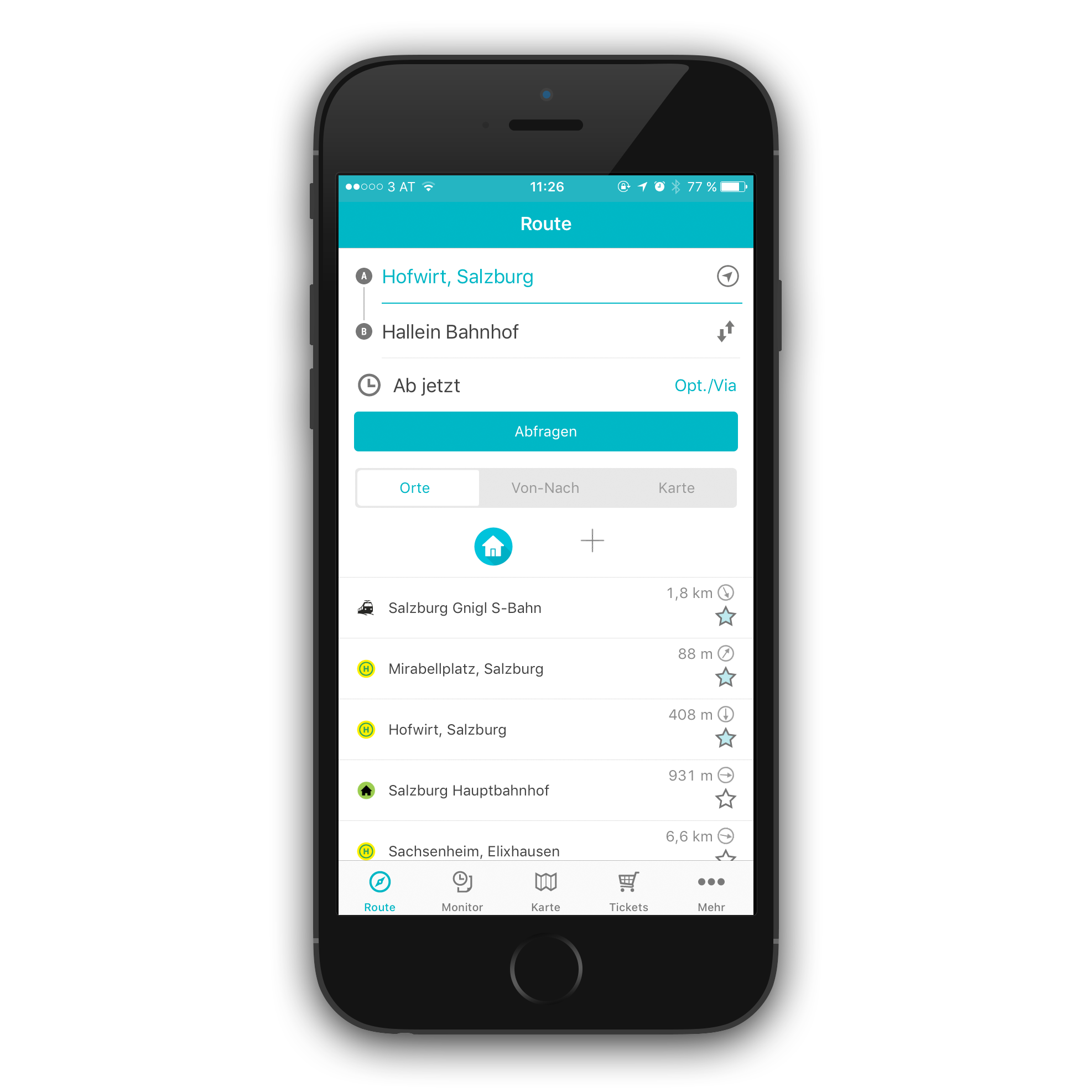 Screenshot Salzburg Verkehr App: Ansicht Startbildschirm Routenauswahl