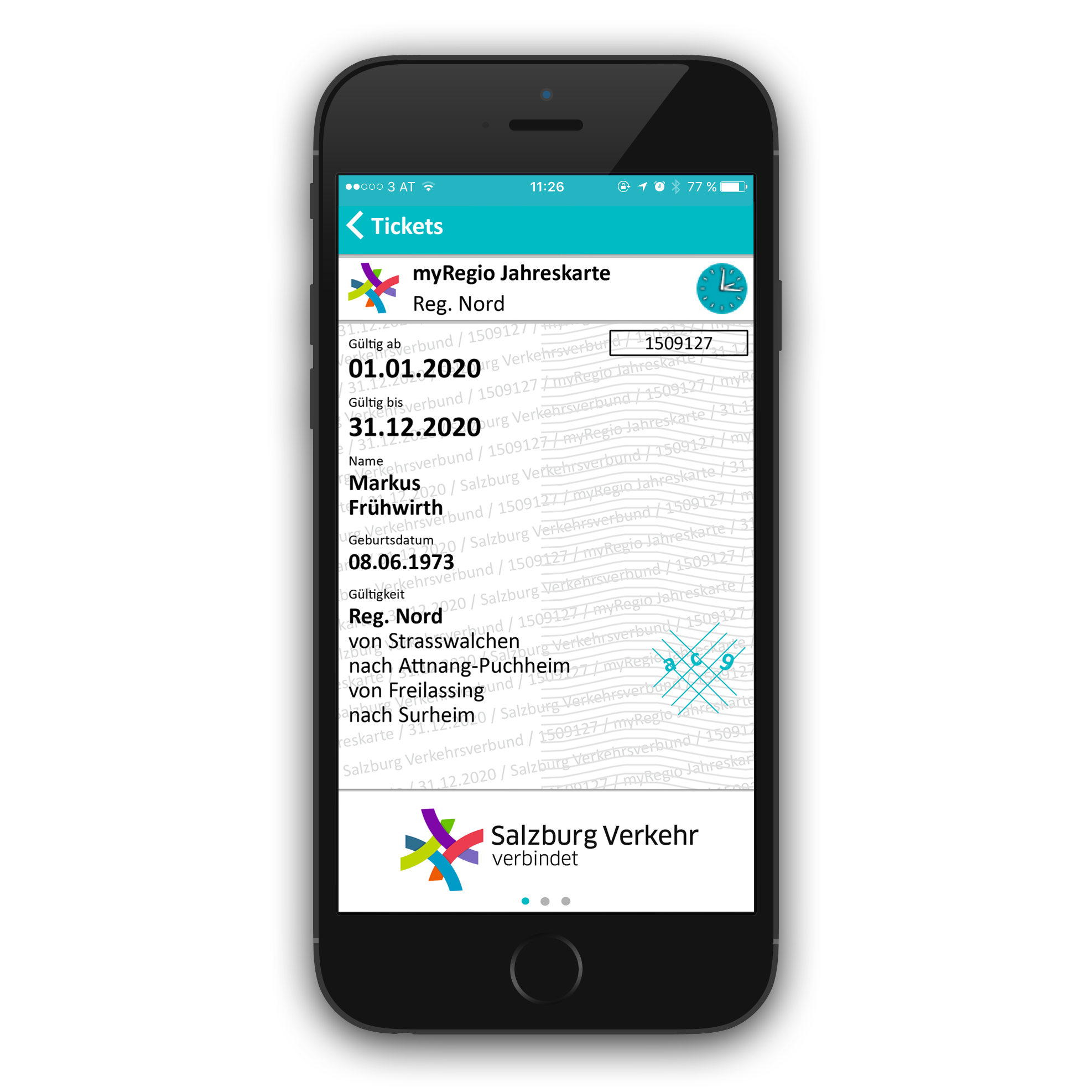 Screenshot Salzburg Verkehr App: Ansicht Ticket