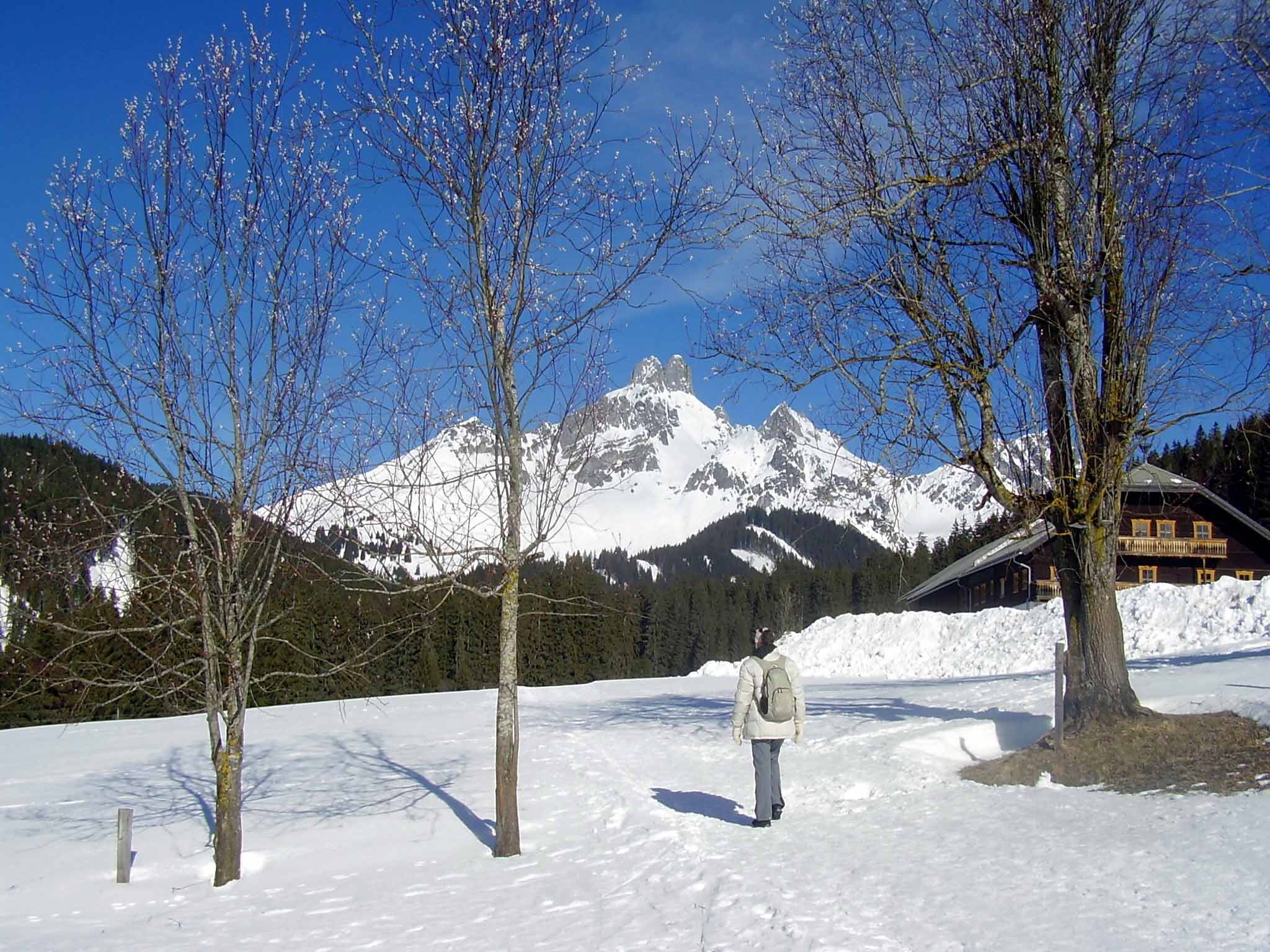 Person in schneebedeckter Landschaft vor der Bischofsmütze
