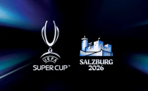 UEFA Super Cup Logo und Salzburg 2026 Schriftzug mit Festungsmotiv